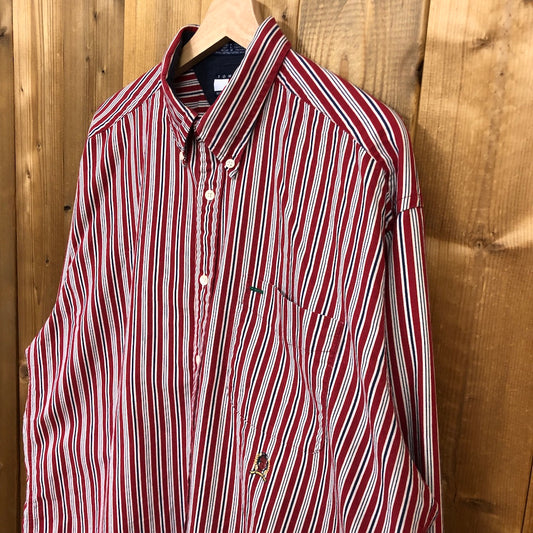 TOMMY HILFIGER トミーヒルフィガー 長袖シャツ BDシャツ ボタンダウン ストライプ柄 ワンポイント刺繍 レッド、ホワイト、ネイビー