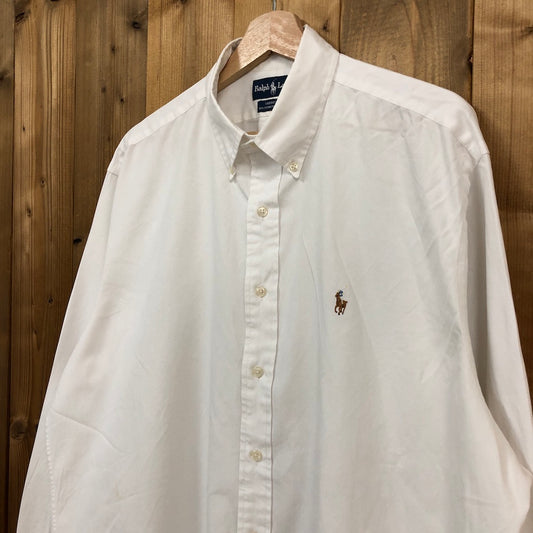 90s vintage Ralph Lauren ラルフローレン YARMOUTH ヤーマス 長袖シャツ BDシャツ ボタンダウン 無地 ワンポイント刺繍 ホワイト