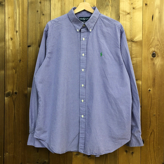 90s vintage Ralph Lauren ラルフローレン CLASSIC FIT 長袖シャツ BDシャツ ボタンダウン ギンガムチェック ワンポイント刺繍 パープル、ホワイト