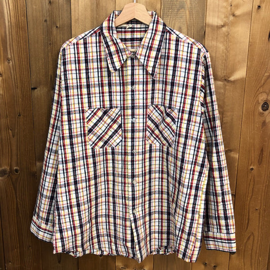 70s vintage ツイードシャツ 長袖シャツ 衿芯 チェック レッド イエロー ブルー マルチカラー