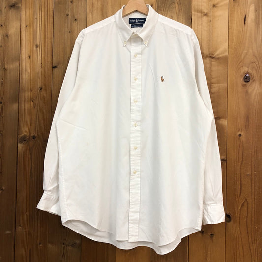 90s vintage Ralph Lauren ラルフローレン YARMOUTH ヤーマス 長袖シャツ BDシャツ ボタンダウン 無地 ワンポイント刺繍 ホワイト