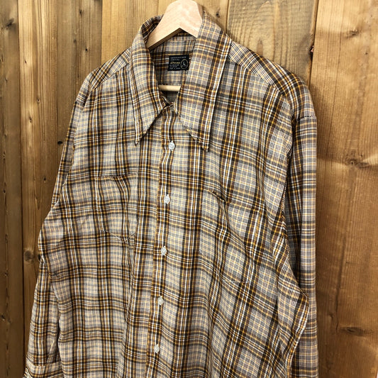 70s vintage JCPenny ジェイシーペニー 長袖シャツ チェック 衿芯 ポリエステル 韓国 ブラウン